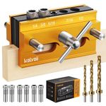 Kolvoii Self Centering Doweling Jig, Precision Dowel Jig Kit Adjustable Width for Straight Holes Biscuit Joiner with 3 Drill Bits, 6 Drill Guide Bushings(Gold)