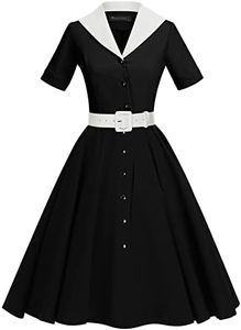 GownTown Women's Black XX-Large Retro Button-Up Midi Dress with Belt