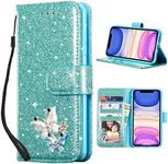 UEEBAI Wallet Case for iPhone 11 6.1 inch, Premium Glitter PU Leather Phone Case Card Slots Kickstand Case Magnetic Closure Bling Handbag Case Shockproof Hand Strap Flip Cover - Mint Green