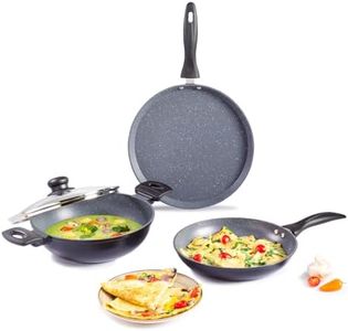 Wonderchef Duralite Die-Cast Non-Stick Pans 4 pcs Set | 24 cm Kadhai with Lid, 24 Cm Fry Pan, 28 cm Dosa Tawa | 1.2 L | Grey | 2 Years Warranty