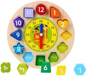 Afunti Clock Toy Teaching Clock Puzzle Shape Sorting Clock / Wooden Clock with Numbers and Shapes Sorting Blocks