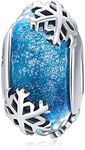 Christmas Snowflake Charms on a Blue Murano 925 Sterling Silver Glass Bead Charm for European Bracelets Gifts for Women Mum Daughter Grandma, Glass Sterling Silver, no stone