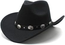 KorhLeoh Women Men Western-Cowboy-Cowgirl-Hat Outdoor Faux Felt Wide Brim Western-Belt-Buckle Panama Fedora Hat, Black/Oval Trim Belt, 7-7 1/4