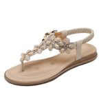 iCKER Women's Flat Sandals Ladies Thong Flat Sandals Bohemian Beaded Strap Sandals Diamante Rhinestone Leather Sandals, 5UK(label size 39), Apricot