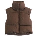 KEOMUD Women's Winter Crop Vest Lightweight Sleeveless Warm Outerwear Puffer Vest Padded Gilet, Brown, Small