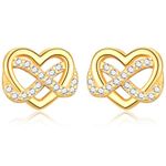 Gold Stud Earings for Women Girls, 925 Sterling Silver Infinity Heart Stud Earrings - Cubic Zirconia Stud Earrings for Mum Wife Her Birthday Mother's Day Valentine’s Day Christmas Gifts