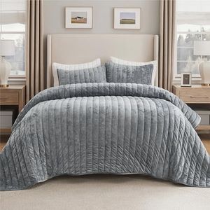 Bedsure Velvet Quilt Queen Size Set - Luxury Bedspread Quilted Bedding Set for Queen Bed, Lightweight Velvet Comforter for All Season, Ultra Soft Coverlet with 2 Matching Pillow Shams, 90"x96", Grey