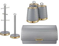 Tower Empire Kitchen Storage Set. Bread Bin, Set of 3 Tea, Coffee, Sugar Canisters, Mug Tree & Towel Pole in Grey with Brass Accents. Contemporary Art Deco Design Set of 6 Kitchen Items