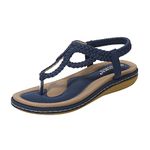 Women's Summer Braided Flat Sandals T-Strap Open Toe Bohemian Slippers Ladies Ankle Elastic Thong Flip Flops (Bohemian Beach Sandals 03-Blue,5.5)