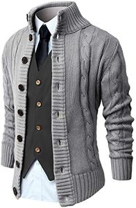 NITAGUT Mens Long Sleeve Casual Slim Fit Cardigan Cable Knitted Sweater Thermal Button Down Closure,Grey,XX-Large