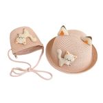 Toddler Girls Summer Straw Hat and Mini Purse Bag Set Baby Beanie Cap Sun Protection Beach Hats (Cat-Pink)