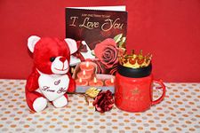 Saugat Traders Valentine Gifts for Wife, Girlfriend - Coffee Mug, Golden Red Rose, Love Greeting Card, Teddy Bear - Birthday Gift for Girls, Women Pack of 4 Gift Items