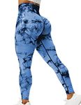 QOQ Womens High Waisted Seamless Workout Leggings Butt Lifting Gym Yoga Pants Booty Scrunch Vital Tummy Control Ruched Tights, #3 Tie Dye Scrunch Dark Blue, Medium