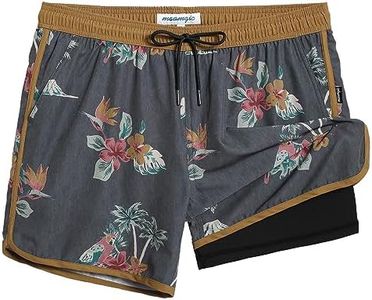 maamgic Mens Short 80s 90s Vintage 5.5" Swim Trunks Swimsuits Board Shorts Compression Liner Quick Dry 2 in 1 Bathing Suits Bird Floral Brown Large