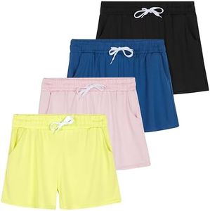 Real Essentials 4 Pack: Girls Active Athletic Performance Dry Fit Short Running Sports Shorts Soccer Tennis Summer Basketball Lounge Casual Sleep Bottoms Gym Workout Kids Dolphin - Set 12, L (14)