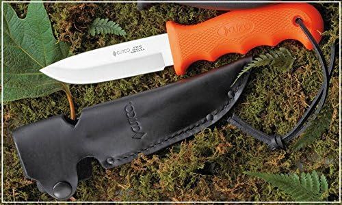 CUTCO Model 5718 Orange STRAIGHT EDGE Drop Point Knife...........High Carbon 4 1/4" Blade...........4 3/4" Durable Kraton handle..........Leather sheath and lanyard included.