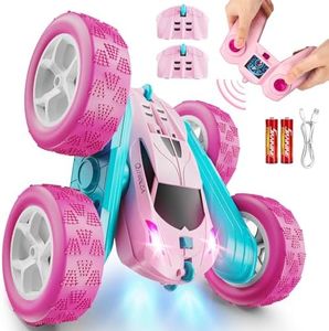 QUNREDA RC Cars, Pink Remote Control Car for Girls, 2.4 GHZ Double Sided RC Stunt Car 360° Rotating Remote Control Crawler with Headlights Car Toys for 6 7 8 9 10 11 12 Girls Birthday