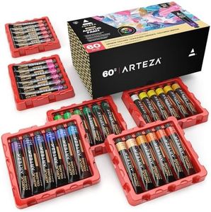 ARTEZA Acrylic Paint Set, 60 Colors/Tubes (22 ml, 0.74 oz.) with Storage Box, Rich, Pigments, Non Fading, Non Toxic for the Professional Artist, Hobby Painters & Kids