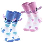 Disney Stitch Womens Slipper Socks, Fleece Bed Socks Anti Slip Pack of 2 - Stitch Gifts (Pink/Blue Hearts)