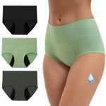 INNERSY Period Underwear Heavy Flow Bamboo Menstrual Pants High Waisted Postpartum Knickers 3 Pack(12, Black/Steel Grey/Green)