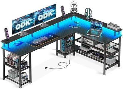 ODK Gaming Tisch mit LED, 168×120cm Reversibel Gaming Schreibtisch mit 2 Steckdosen & 2 USB-Ladeanschlüssen, Eckschreibtisch Groß mit Netzablage, Kohlefaser Schwarz