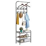 Coat Rack Shoe Bench with 16 Hooks, Metal Coat Hat Rack Free Standing Clothes Stand with 3-Tier Shoe Rack Bench, Hat Umbrella Stand Hallway Organiser, 3-in-1 Hall Tree with Metal Frame, Easy Assembly