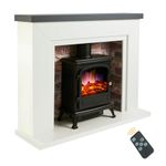 Endeavour Fires Farlington Electric Fireplace, Black Log Burner Stove in 48’’ Off White Surround, LED Downlights with Remote Control (Grey Top/Rustic Brick)
