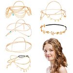 6 Pieces Gold Head Chain Jewelry Bohemian Bridal Headpiece Small Coins Leaf Flower Turquoise Gemstone Tassel Chain Wedding Headbands Boho Princess Hair Accessories for Women Girls