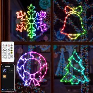 FREECUBE 4 Pack Smart Christmas Window Lights with App & Remote Control, RGB DIY, 80 Scene Modes, Timer, Christmas Window Silhouette Lights Holiday Decor with Wreath, Snowflake, Bell & Tree