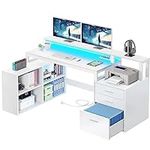 YITAHOME L Shaped Desk with Power Outlets & LED Lights & File Cabinet, 65" Computer Desk Corner Desk with 3 Drawers & Storage Shelves, Home Office Desk with Monitor Stand, Printer Stand, White