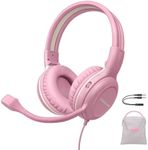 SIMOLIO Wired Headphones for School with Microphone, Stereo Kids Headphone with Flexible Swivel Boom Mic for Student & Teacher & E-Learning Gaming Headsets for Boys, Girls (Pink)