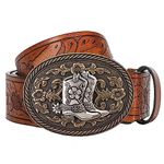 KorhLeoh Western Leather Cowboy Buckle Belt for Men Women Jeans Engraved Floral Boots Texas Buckle Belt (33-41" waist)