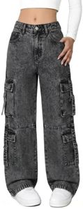 Tenfinordi Girl's Cargo Baggy Jeans Y2K Wide Leg Cargo Denim Pants - Elastic Waistband with D-Ring & Zipper Closure Kids Fashion Streetwear Trousers Size 9 Black