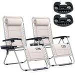 SUNMER Sun Lounger Padded Garden Chairs - Set of 2 Zero Gravity Chairs with Cup & Phone Holder, Adjustable Headrest & Pillow - 30° to 90° Folding Deck Recliner - Professional Outdoor Seating - Grey