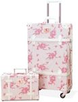 Unitravel 2 Piece Vintage Suitcase Set, 26 inch Handmade Faux Leather Spinner Luggage for Women with 12 inch Cosmetic Train Case Handbag (Floral Pink)