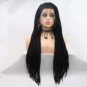 Xiweiya Long Black Wig For African Women Micro Braided Lace Front Wigs 1B Braids Synthetic Hair Wigs With Baby Hair Heat Resistant Fiber Natural Hairline Black Braided Wig