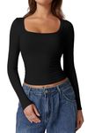 QINSEN Fashion Womens Scoop Neck Long Sleeve Seamless Top Side Ruched Basic Crop T Shirt, Black, Large