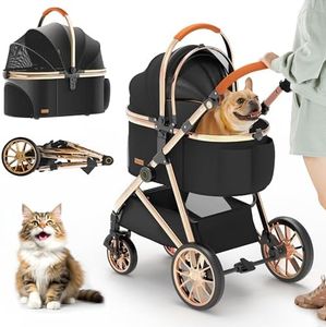 Kenyone Luxury Pet Stroller 3 in 1 with Electroplated Gold Mirror Finish for Medium Small Size Dogs and Cats, High-End Detachable Carrier for Puppy, Kitty, Doggie(C910L Black)