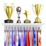 DSVENROLY Medal Holder Display Trophy Shelf Organiser, Wooden Medal Trophy Hanger Rack with 25 Steel Hooks, Wall Mount Medal Hanger for Race Medals Trophies Easy to Install (1PC,White+Black Hooks) …