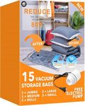 15 Pack Vacuum Storage Bags with Electric Pump (3 Jumbo, 3 Large, 3 Medium, 3 Small, 3 Roll Up), Plastic Packaging Bags,Space Saver Sealer Bag for Blankets, Comforters, Pillows, Clothes Storage