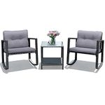 COSTWAY 3 PCS Garden Rocking Bistro Set, PE Rattan Furniture Set with 2-tier Glass Table, Glider Armchairs and Cushions, Outdoor Wicker Conversation Sofa Table Set for Patio Yard Poolside (Grey)