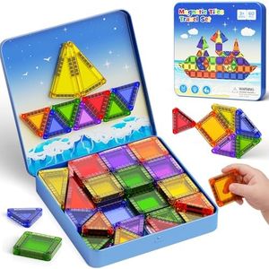 WMXDU 60 PCS Magnetic Tiles Travel Set for Kids, Portable Magnetic Building Blocks with Tin Box, Car Rides Airplane Road Trip Activities, Birthday Gift for Boys