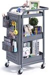 KINGRACK 3-Tier Rolling Cart, Metal Utility Cart with Pegboard, Storage Trolley Organizer Serving Cart with Handle and Extra Baskets Hooks for Kitchen Office Teacher Classroom, Grey