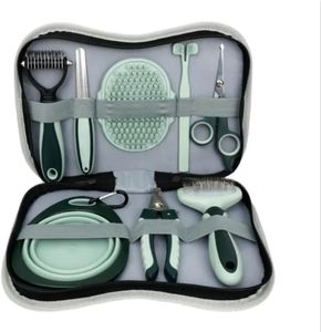 WISHEC Kit de aseo para Perros y Gatos 8 piezas-Incluye Cepillo y Manopla Quitapelos-Cepillo de Dientes y bebedor portatil-Deslanador y tijeras-Cortauñas y Lima