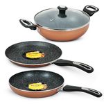 Impex Migo Non Stick Cookware Set 4 pc Induction Cookware Set 3 mm Thickness of Tawa Pan Fry Pan and Kadai Pan with Lid | Granite Finish 5 Layer Aluminium Cookware Set | 1 Year Warranty