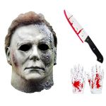 HWJPDMBD Michael Myers Mask for Adults, Halloween Scary Latex Full Head Horror Mask with Hair, Includes Knife and Gloves, Cosplay Costume Props for Halloween Party and Theme Events (C)