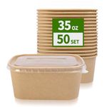 AICHEF 50 Pack 35 oz Take Out Food Containers With Lids, Large Rectangle Kraft Paper Food Container with Clear Lid, Microwavable and Freezer Storage Use Take Out Lunch Box Container