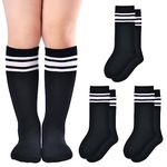 3 Pairs Toddler Knee High Socks Kids Soccer Socks Girls Three Stripes Tube Socks Over the Calf School Uniform Stockings Athletic Boys Children (Black,3-5 Years)