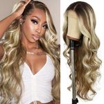 SAPPHIREWIGS 13x4 Lace front Wig Long Blonde with Brown Highlights Wavy Wig for Women Free Part Body Wave Wig Natural Looking Synthetic Heat Resistant Fiber Wig for Daily Party Use 26 Inch