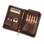 Contacts Full Grain Leather Cigar Case Travel Cigars Humidor Box Accessories Organizer with Cigar Cutter Lighter Pocket for 5 Pcs Cigars (Brown)